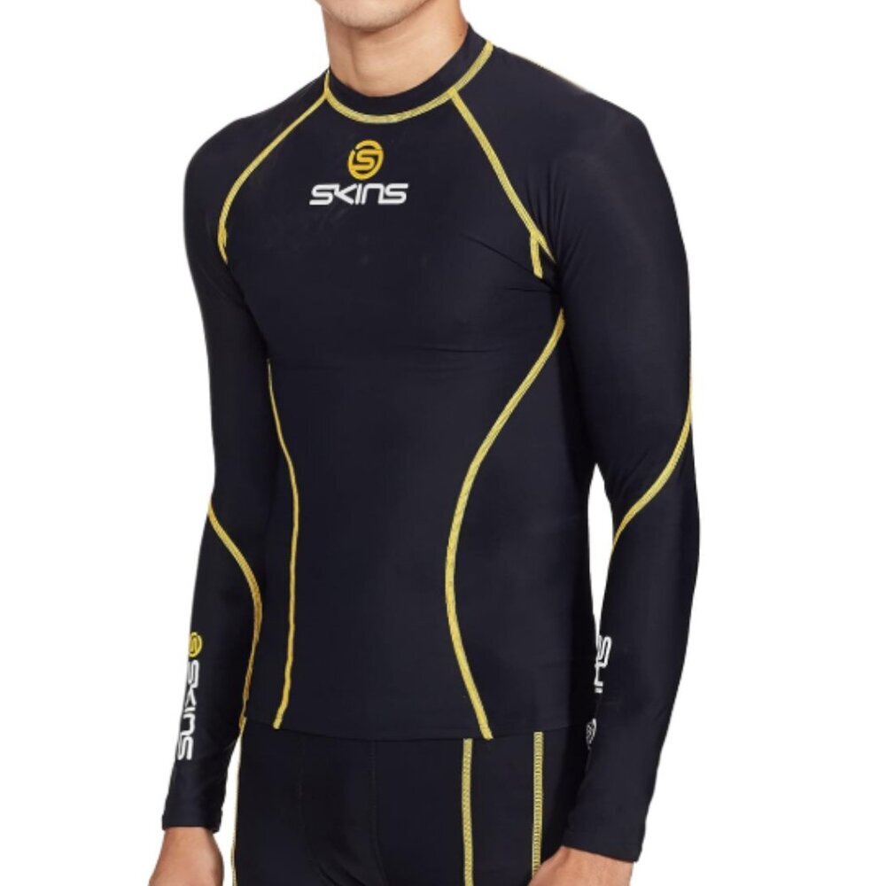 SKINS Men's Athletic Long Sleeve Top Size M Black Yellow Fitted Firm Compression